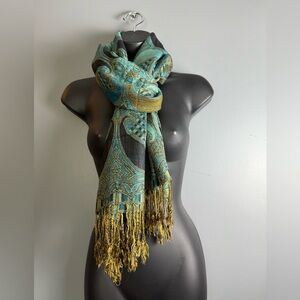 Pashmina Wool Silk Blend Paisley Peacock Scarf 28" x 70"